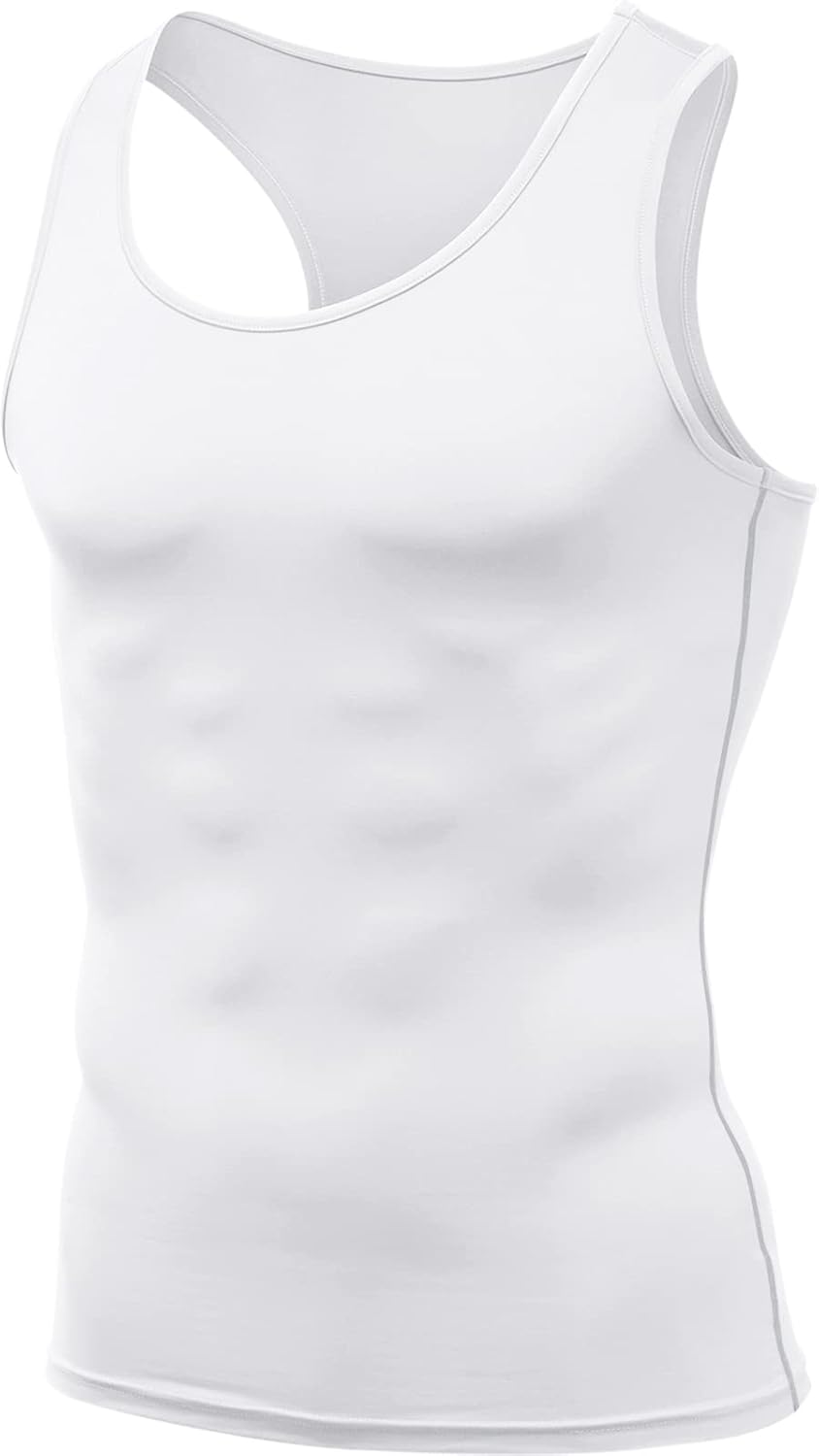 TSLA Men's Cool Dry Compression Sleeveless Tank Top, Athletic Sports Running Basketball Workout Base Layer MUN04-WHT Medium