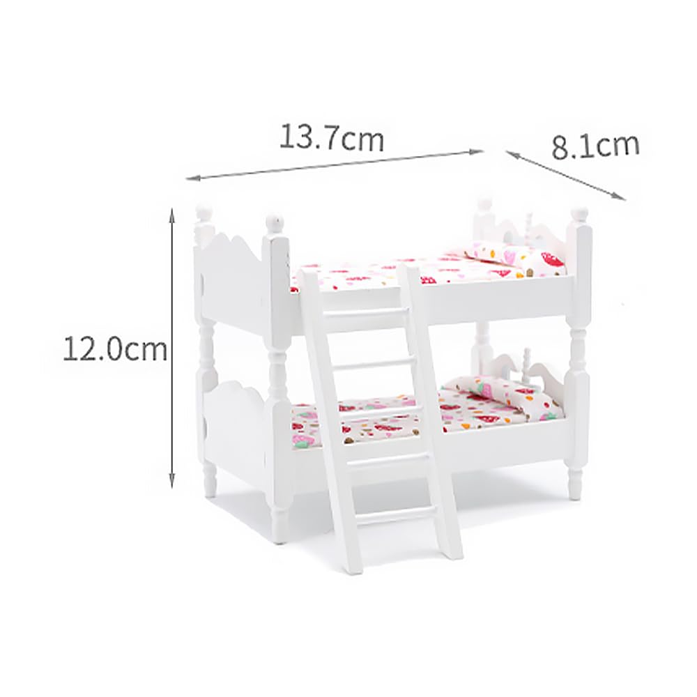 WANGCL Doll Bed 1/12 Miniature Bunk Bed Wooden Dollhouse Furniture for Barbie Dolls Bed Decoration - Strawberry Pattern