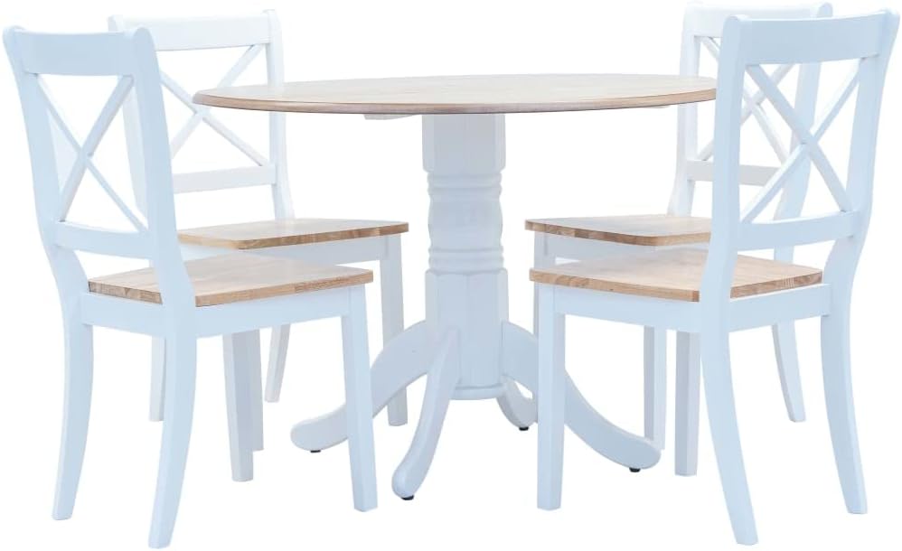 vidaXL Solid Rubber Wood Dining Set - 5-Piece White/Brown Round Table with 4 Chairs, Durable MDF Veneer Tabletop - Elegant Farmhouse Style for Kitchen/Dining Room