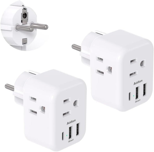 2-Pack Germany France Travel Plug Adapter, 3 Outlets and 3 USB Charging Ports(1 USB C), Addtam Type E/F International Power Adapter, Travel Essentials US to Europe France Germany South Korea