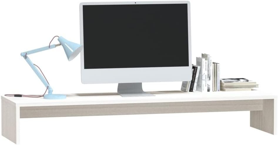 vidaXL Solid Pine Wood Monitor Stand - Sturdy Construction, White Finish,100 x 27 x 15 cm, Easy Assembly, Suitable for Workspace Organization and Ergonomics.