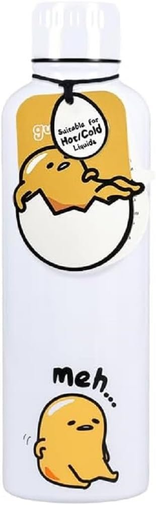 Paladone Gudetama Metal Water - Officially Licensed Sanrio Bottle Lazy Egg Cartoon Character, Silver and Yellow Reuseable Drinkware Gift