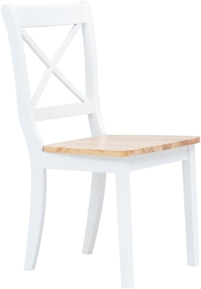 vidaXL Solid Rubber Wood Dining Set - 5-Piece White/Brown Round Table with 4 Chairs, Durable MDF Veneer Tabletop - Elegant Farmhouse Style for Kitchen/Dining Room
