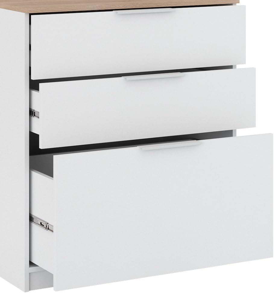 Vicco Betti Bedroom Chest of Drawers, White/Sonoma, 80 x 90 cm with 3 Drawers
