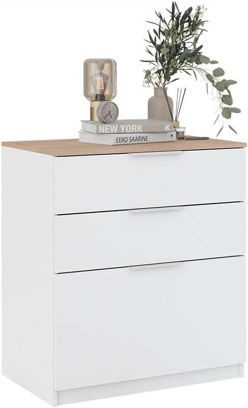 Vicco Betti Bedroom Chest of Drawers, White/Sonoma, 80 x 90 cm with 3 Drawers