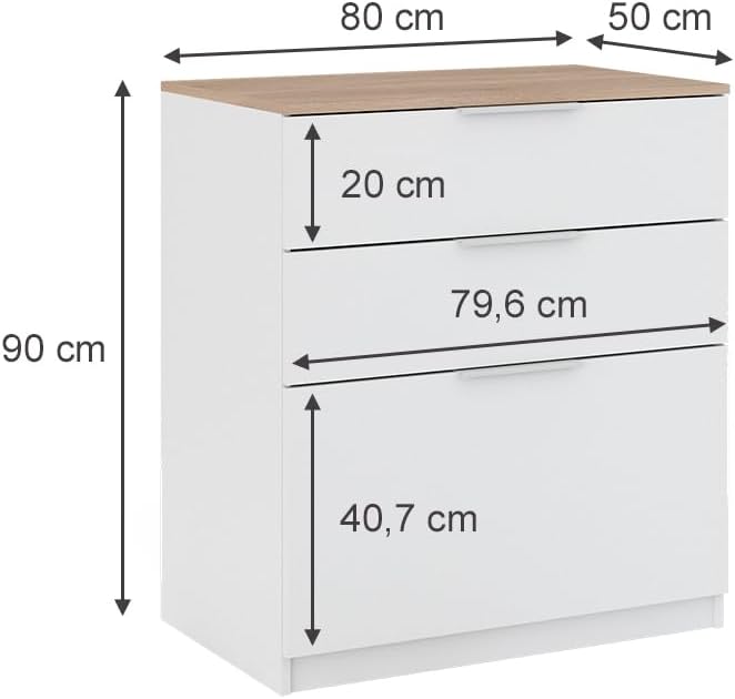 Vicco Betti Bedroom Chest of Drawers, White/Sonoma, 80 x 90 cm with 3 Drawers