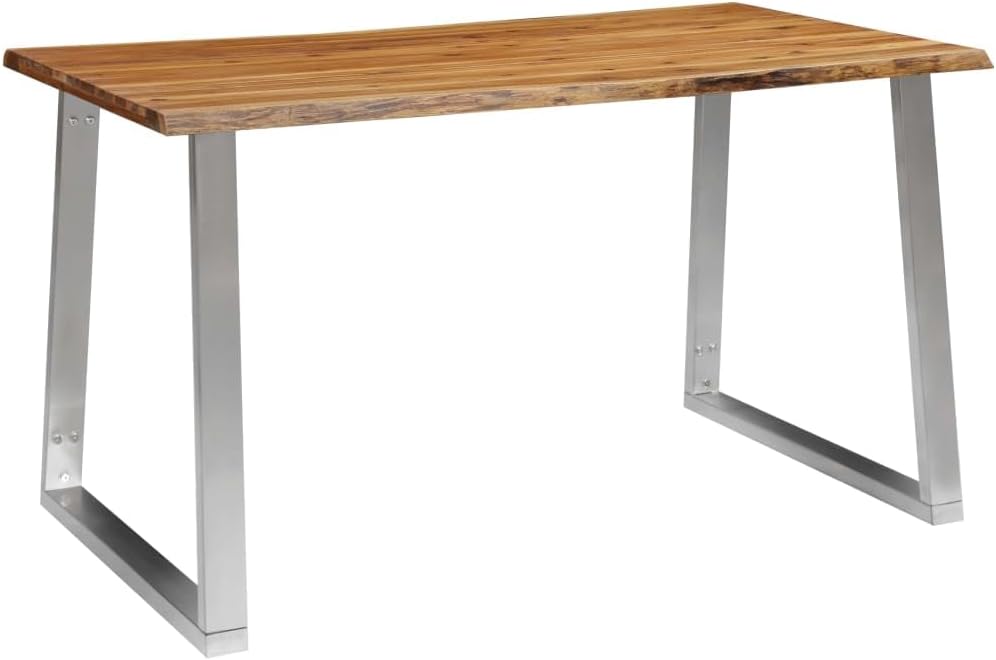vidaXL Industrial Dining Table - Brown Solid Acacia Wood Top with Stainless Steel Legs - Rectangular Kitchen Table with Live Edge