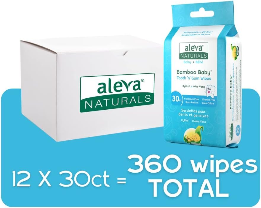Aleva Naturals Bamboo Baby Tooth and Gum Wipes - Gentle and Easy to Use, Healthy Child Care, Natural and Vegan Wipes, Formulated with Xylitol- Mega Pack- 30 Count X 12 (360 Wipes Total)
