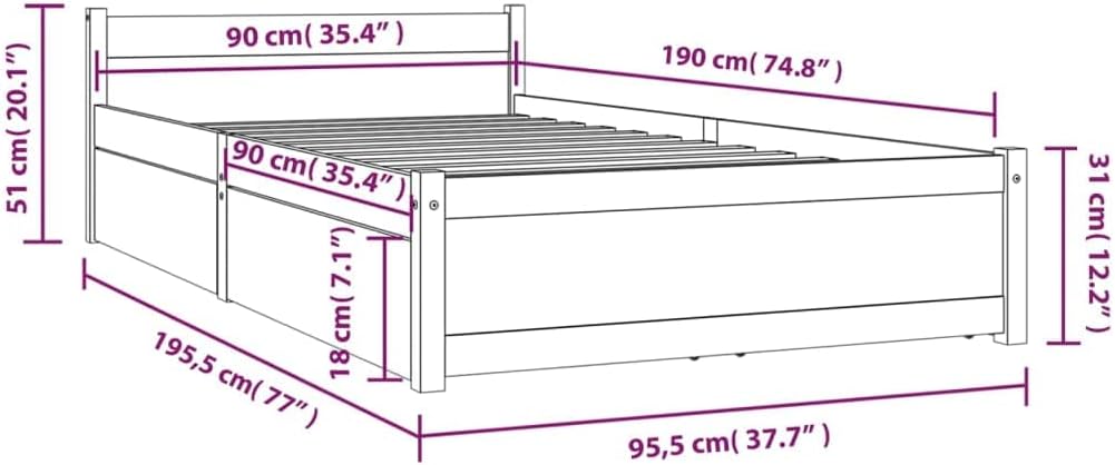 vidaXL Single Size Bed Frame with Drawers - Solid Pine Wood, White, 92x187 cm, Timeless Design with Ample Storage Space, Bedroom Furniture