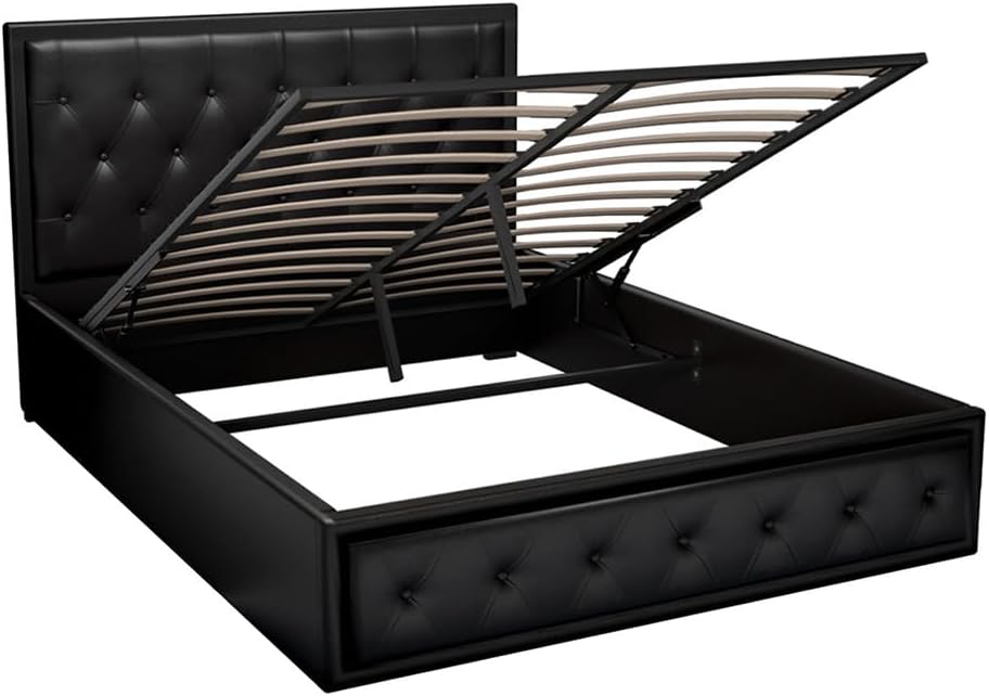 Artiss Queen Bed Frame Platform Tufted Headboard Frames Gas Lift Beds Base with Storage Space Bedroom Room Decor Home Furniture, Upholstered with Black PVC Leather + Foam + Wood