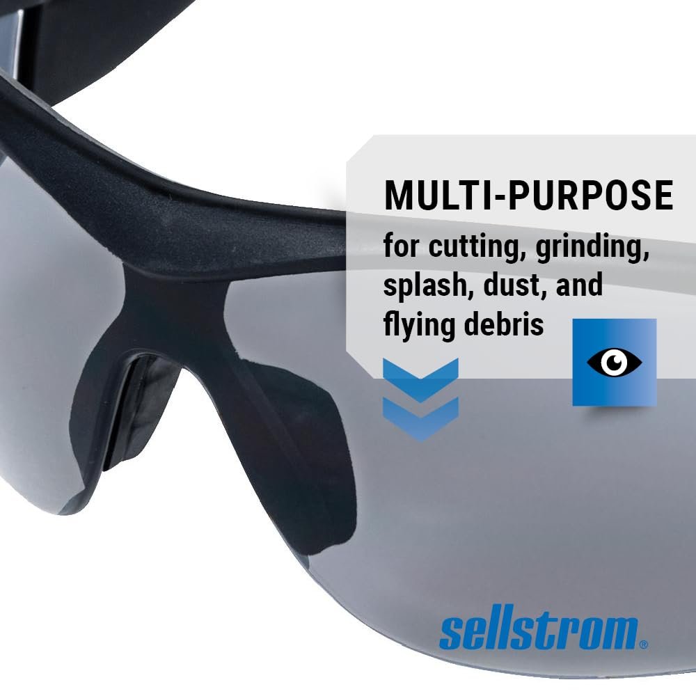Sellstrom Sporty, Stylish, Protective Eyewear Safety Glasses, Smoke Anti-Scratch Polycarbonate Lenses, Black/Yellow Co-Molded Temples, Heavy Duty Frame & Temple Design, Soft Nose Piece (Qty 1), S71401