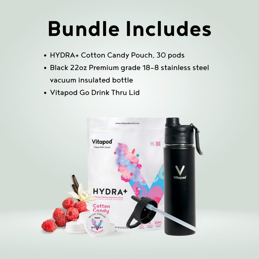 VERSAINSECT Cotton Candy Flavored Water Enhancer Pods Starter Bundle, Sugar Free, Vitamin C, Vitamin A, Vitamin D, Zinc, 30 Pods, 22 oz Stainless Steel Water Bottle, Black