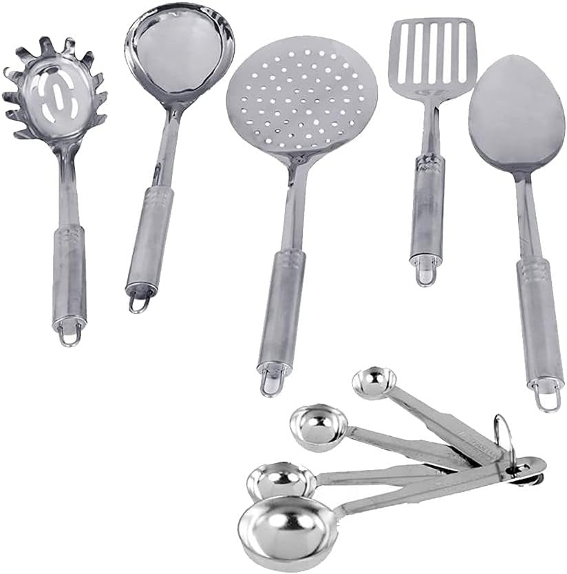 Kosma 9 Piece Stainless Steel Kitchen Utensil Set, 5 Kitchen Gadgets and 4 Measuring Spoons | Kitchen Utensil Set
