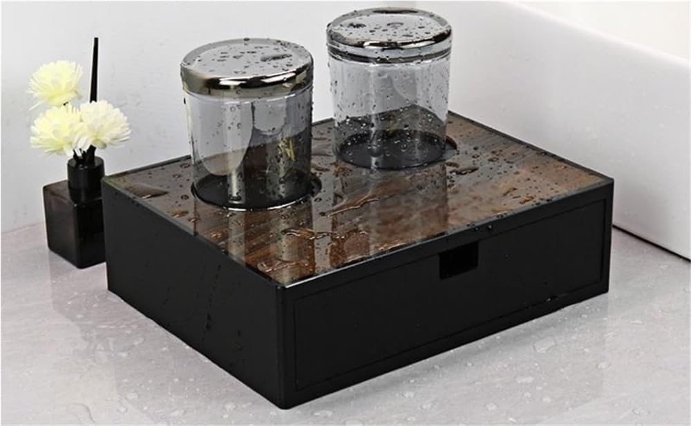 TRgqify-KM Acrylic Bathroom Organizer with Cup Holder & Bottom Storage Drawer Multi-Purpose Shelf Unit for Shower Toiletries Kitchen Counter Home Hotel Space-Saving Storage Solution(Black1)