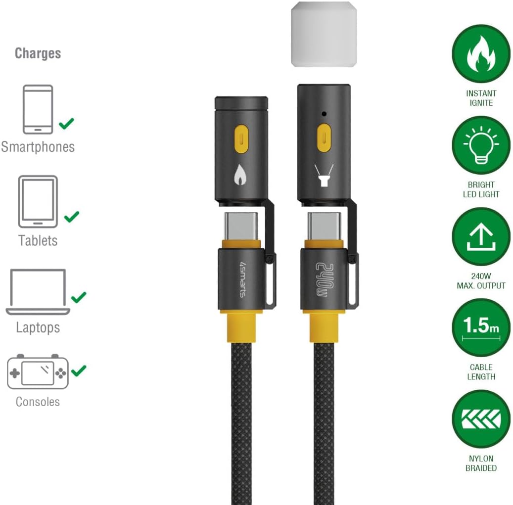 4smarts 3-in-1 Outdoor Explorer USB-C Cable with Emergency Light & Fire Starter | 240W Adventure Charging Cable with Survival Tools | 5ft/1.5m Rugged Design for Camping, Hiking & Travel | Black