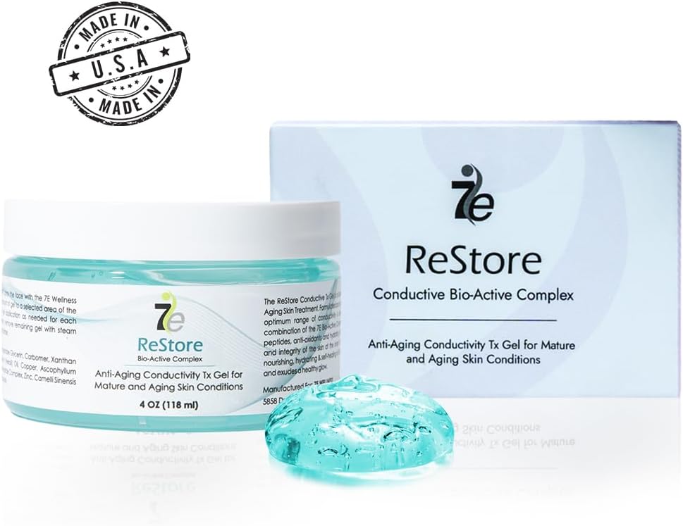 7E Wellness ReStore Conductive Gel with Bio-Active Complex - 4oz - Facial Skin Care Products with Green Tea Extract, Hyaluronic Acid, and Collagen Peptides - Anti Aging and Skin Tightening