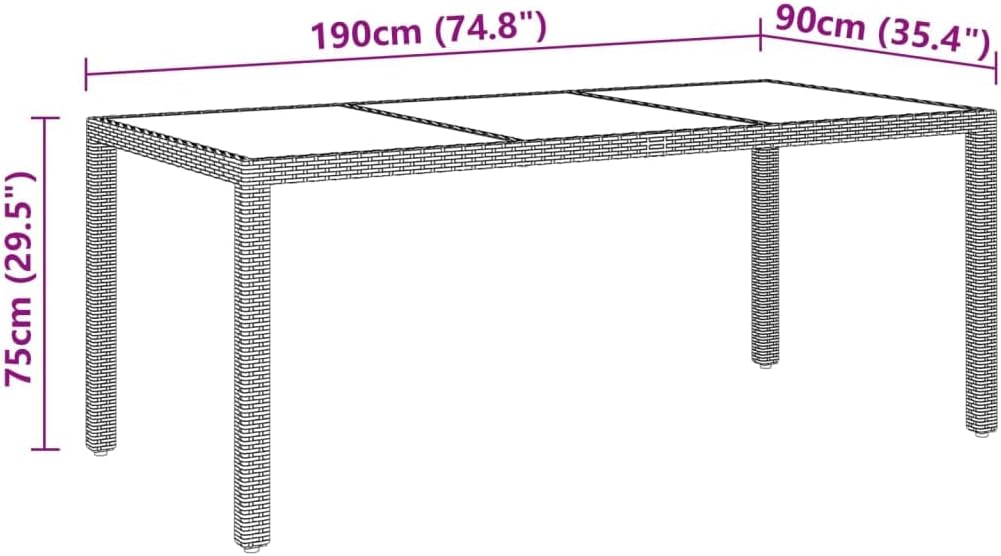 vidaXL Rectangular Brown Garden Table - 190x90x75 cm Outdoor Furniture with Poly Rattan and Tempered Glass Tabletop - Lightweight and Sturdy with Assembly Required