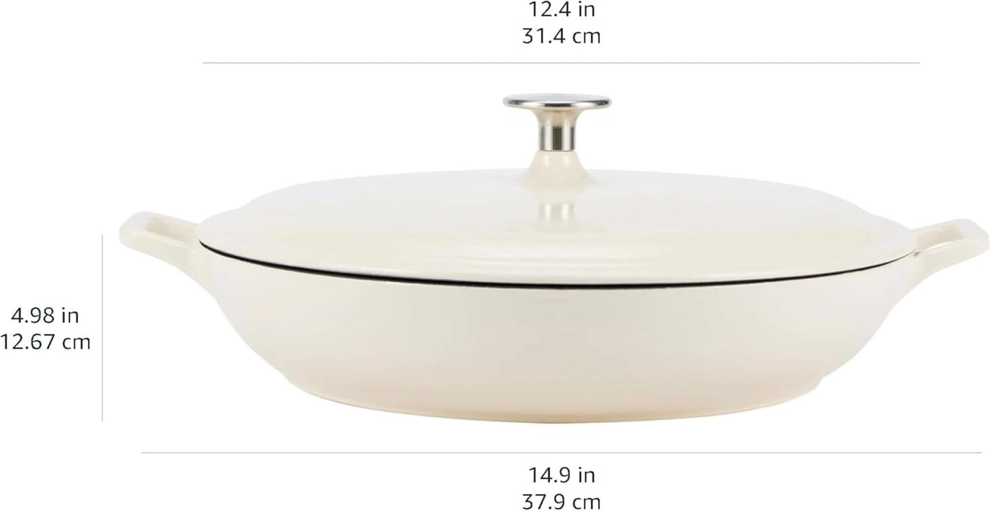 AmazonBasics Enameled Cast Iron Covered Casserole Skillet, 3.3-Quart, White