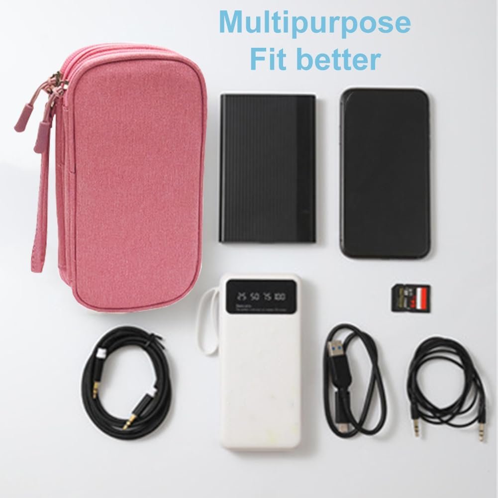 Travel Electronic Organizer Bag, 3 Compartments Portable Electronic Phone Accessories Storage Multifunctional Case for Cable, Cord, Charger, Hard Drive, Earphone(Pink)