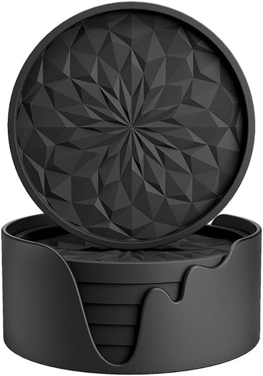 Frafuo Silicone Drink Coasters With Holder Set of 6 - Car and Desk Coasters - Black Table Coasters for Drinks, Coffee Bar - Suits Various Cups and Tables (Black)