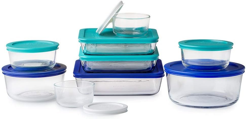 Pyrex 1128223 Simply Store Glass Food Containers with BPA Free Plastic Multi-Coloured Lids, (18-Piece set)