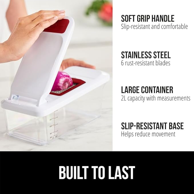 GORILLA GRIP Heavy Duty 12-in-1 Vegetable Chopper, 6 Blades, Food Choppers with Container, Cucumber Mandoline Slicer, Dice Onions, Slice Veggies, Chop Salad, Home Essential Kitchen Gadgets Tool, Red