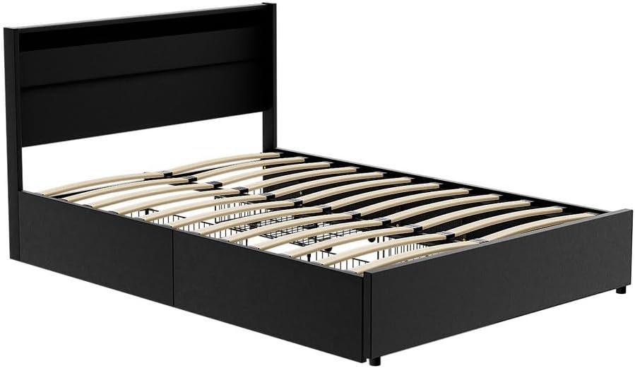 Artiss Bed Frame Double Size LED with 4 Storage Drawers Mattress Base Black Dunn
