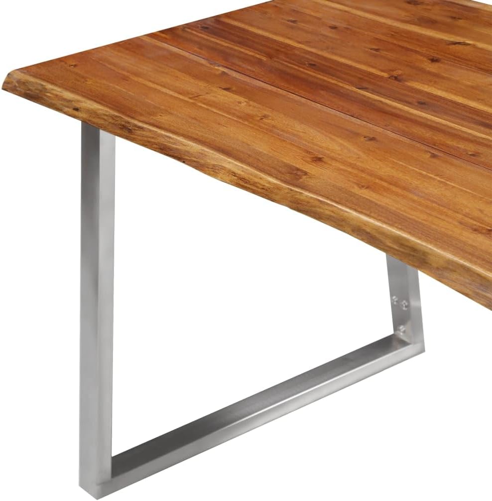 vidaXL Industrial Dining Table - Brown Solid Acacia Wood Top with Stainless Steel Legs - Rectangular Kitchen Table with Live Edge