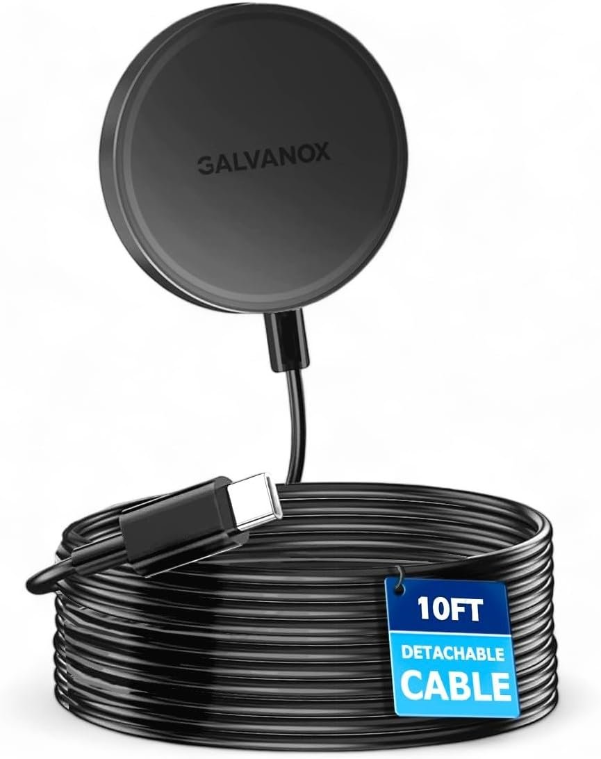 Galvanox Long Wireless Charger, Compatible with MagSafe (10 Foot Cable) Magnetic 15W Fast Charging Pad for iPhone with Flexible, Removable Cord (Black)