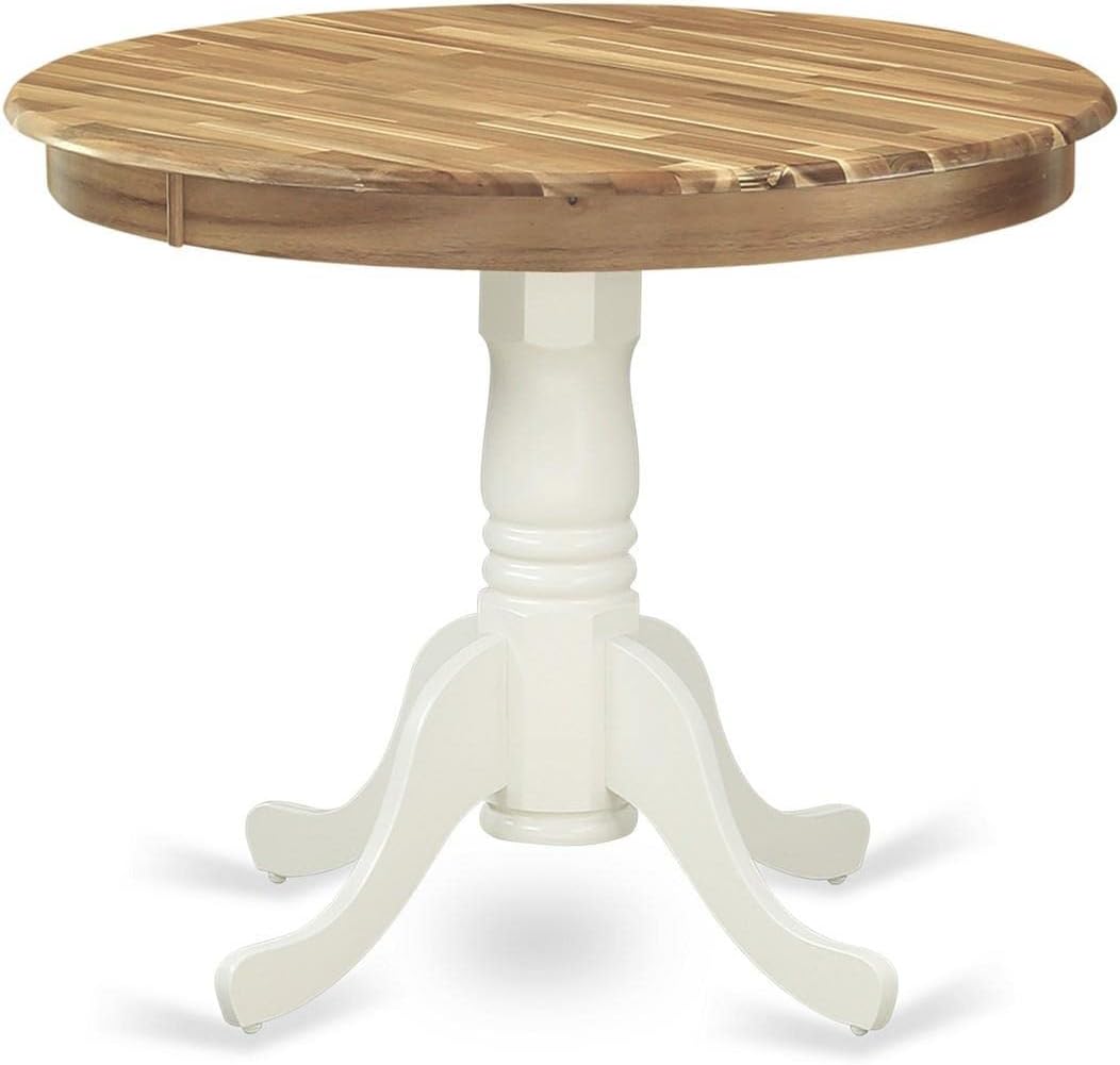 East West Furniture AMT-NLW-TP Antique Dining Table - a Round Wooden Table Top with Pedestal Base, 36x36 Inch, Natural & Linen White
