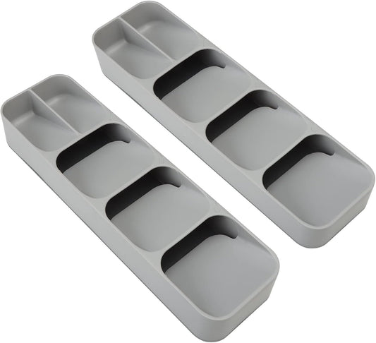 2 Pack Kitchen Cutlery Drawer Organizer Tray for Silverwave, Forks, Spoons, Table Knives, Straw Gadget, Plastic Flatware Organizer Utensil Holder Storage Box - Gray