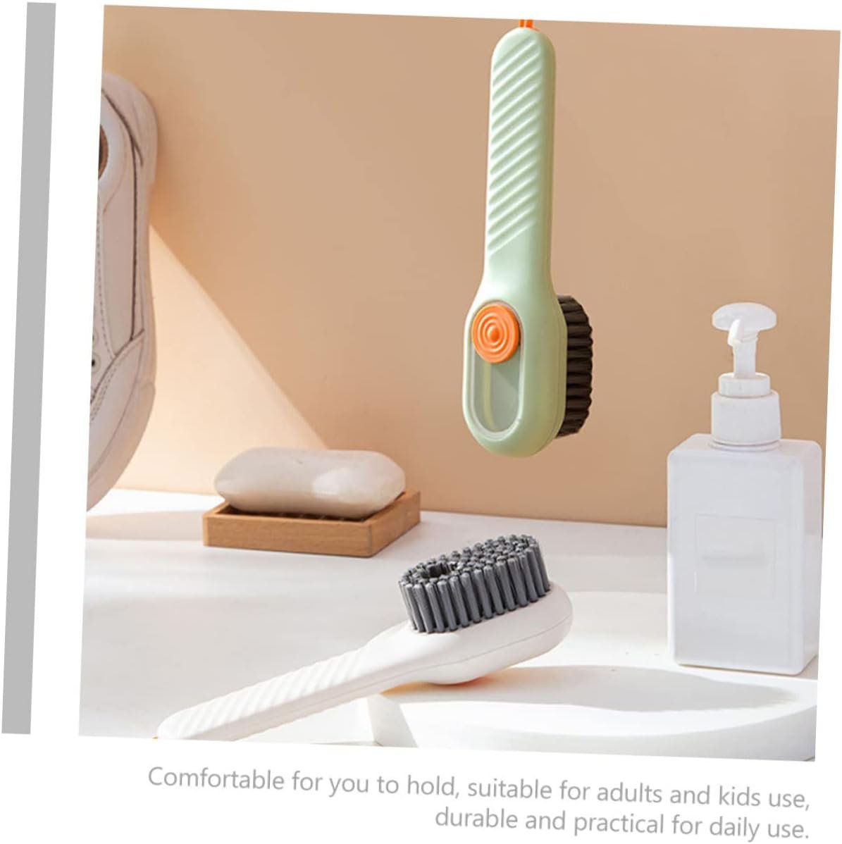 FOMIYES 2sets Multi-use Cleaning Brush Set Laundry Tile Shoe Brush Soap Dispenser Storage Plastic Soft Bristles Home Cleaning Essential 2pcs*2