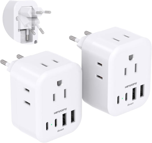 2 Pack European Travel Plug Adapter, International Power Adapter with 4 Outlets 4 USB C Ports (2 USB C), Foldable Type C Adapter for US to Most of Europe EU Italy Portugal France Germany Spain Greece