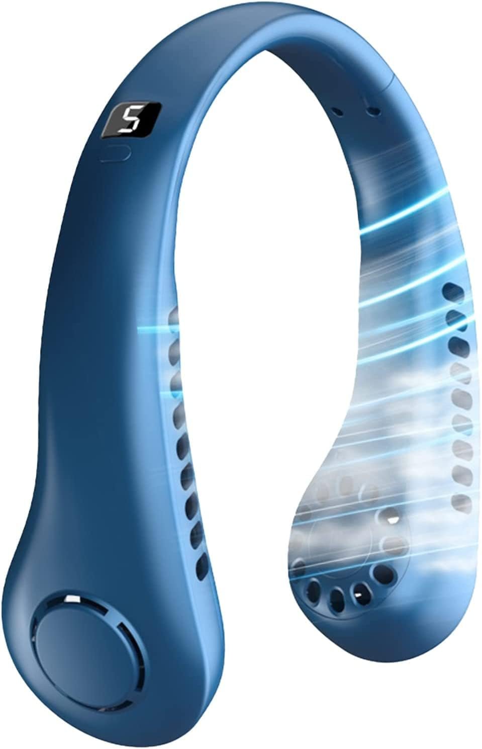 Personal Neck Fan, 5 Speeds Bladeless Hands Free Cooling Fan Leafless with LED Display, 3000mAh USB Rechargeable Wearable Neckband Fan Headphone Design for Sports Travel Indoor Outdoor Use (Blue)