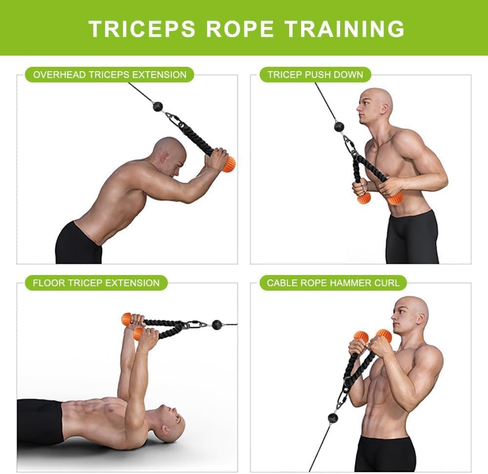 SELEWARE Triceps Rope with Non-Slip Soft Rubber Ends Home Gym Cable Attachment Workout Accessories 28 & 36 inches Long LAT Pulldown Attachment Black and Orange