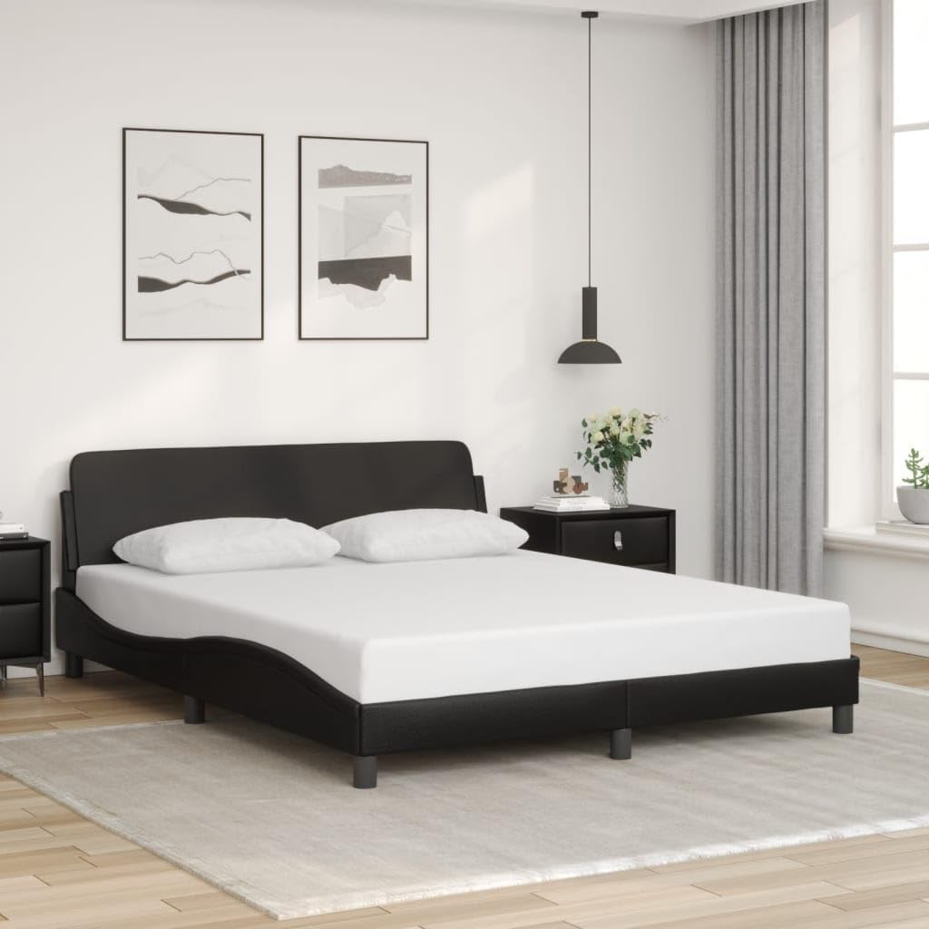 vidaXL Elegant Black Faux Leather Bed Frame with Headboard, Sturdy Legs & Plywood Slats, Luxurious & Durable Bedroom Furniture, 152x203 cm
