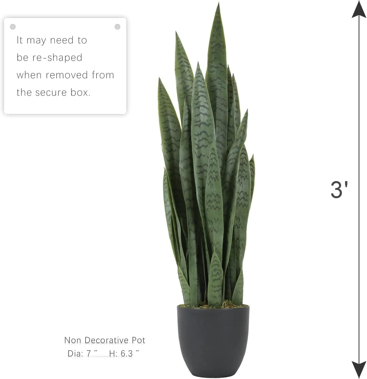 Worth Garden 3ft Artificial Snake Plant Fake Sansevieria Indoor Outdoor, 28 Thick Leaves Lifelike Faux Silk Plant, Home Decor Mother in Law Tongue Plant 35in, Black Pot & 20g Dry Moss Included, Green