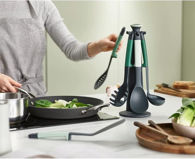 Joseph Joseph Elevate - Kitchen tools & gadgets Carousel 6-Piece Utensil Set with rotating stand, Ergonomic silicone handles, non stick head- Sage Green