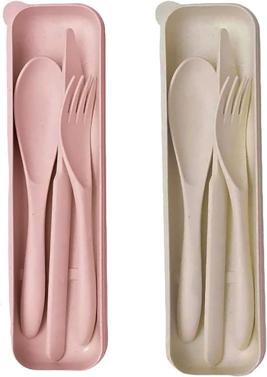 2 Set Wheat Straw Cutlery Portable Travel Utensils, Reusable Cutlery Set With Case