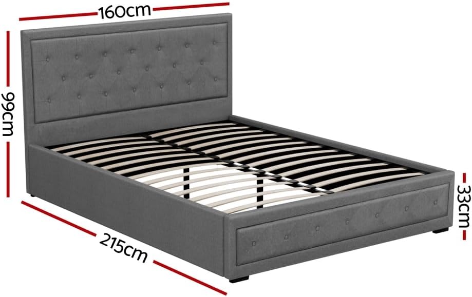Artiss Queen Bed Frame Platform Tufted Headboard Frames Gas Lift Beds Base with Storage Space Bedroom Room Decor Home Furniture, Upholstered with Grey Faux Linen Fabric + Foam + Wood