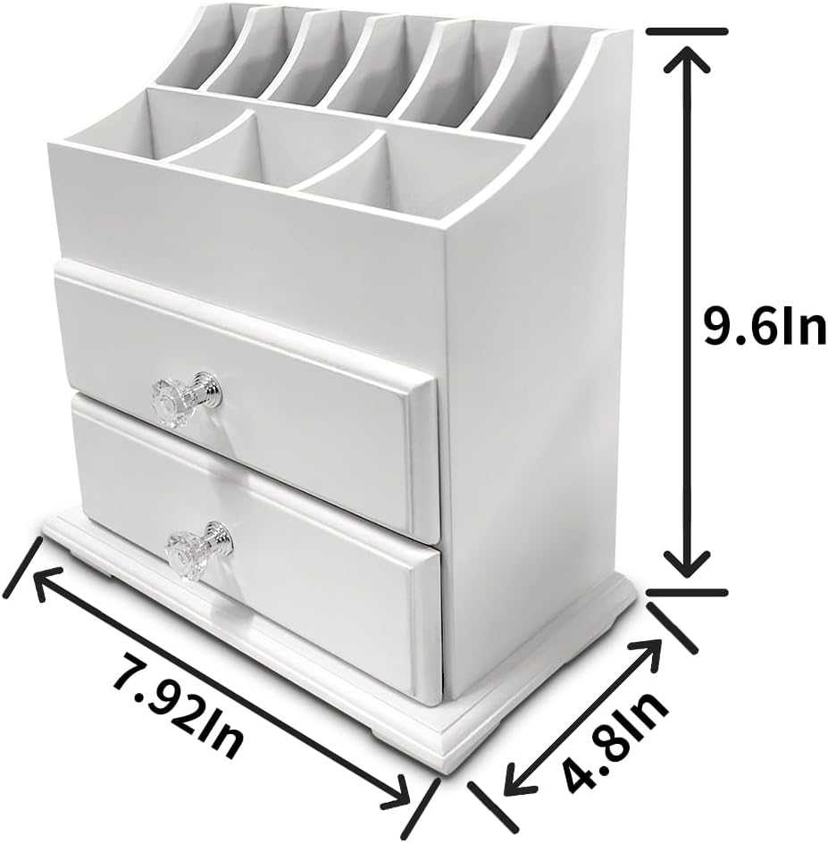White Wood Cosmetics Organizer Makeup & Beauty Accessories Storage Rack with Drawers for Neat & Organize Storing of Makeup Tools Small Accessories at Home & Office Vanities & Bathroom Counter-top