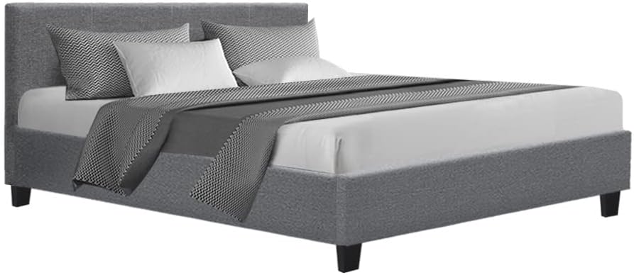 Artiss Queen Bed Frame Platform Wooden Headboard Beds Base Frames Bedroom Room Decor Home Furniture, Upholstered with Grey Faux Linen Fabric + Foam + Wood, Modern Design