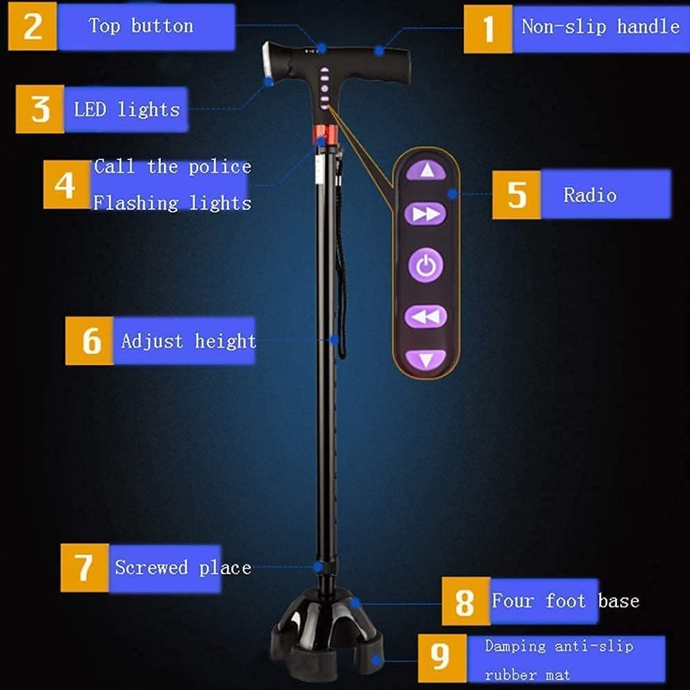 JDKJSBF Walking Stick Walkers for Seniors Rollator Walker, stampelle, aiuti a Piedi, Bastone da Passeggiata Lighting Elderly Smart Radio a Quattro Zampe a Quattro Zampe in Alluminio Trekking Pole
