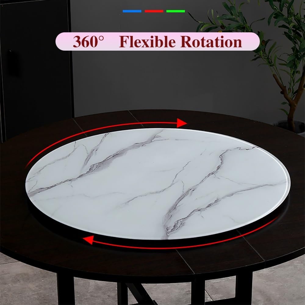 Large Lazy Susan Tempered Glass Turntable 24in 28in, Round Marble Textures Tabletop Rotating Tray Dining Table Serving Tray, 2 Colors(White,60cm(24in))