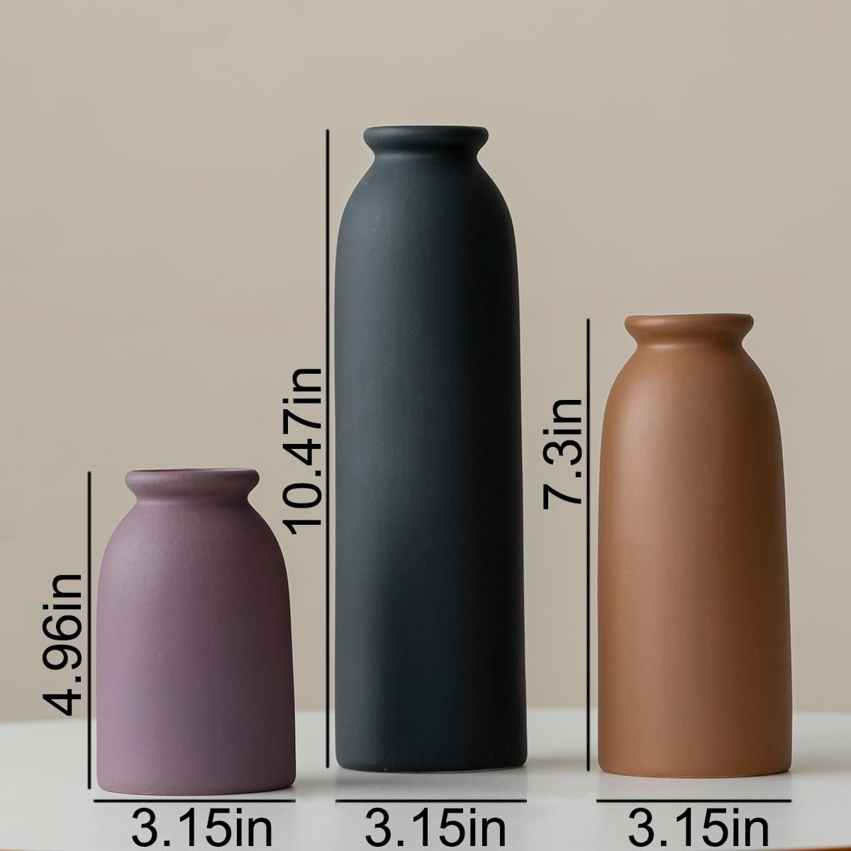 10.4 inches Tall Decorative Ceramic Vase Set, 3 Pieces, Nordic Modern Boho Style, White, for Home Decor (Black Mix)