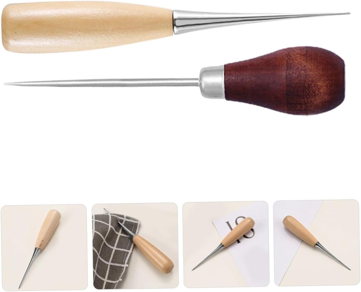 Tofficu 2Pcs Leather Awl Tool with Wooden Handle Ergonomic Grip Awl for Sewing Bookbinding and DIY Craft Projects Artisan Quality Leatherworking Essential