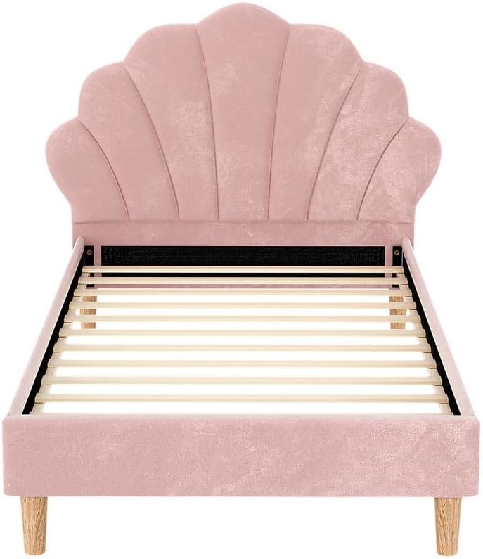 Artiss Bed Frame King Single Scallop-Shape BedHead Beds Base Pink Velvet Fabric