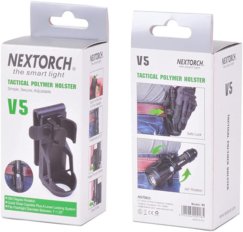 Nextorch V5 Tactical Torch Pouch Holder, 360 Degree Rotation Adjustable Flashlight Holster for Belt with Lever Side Lock System for 1"-1.25" Diameter Flashlight, Black