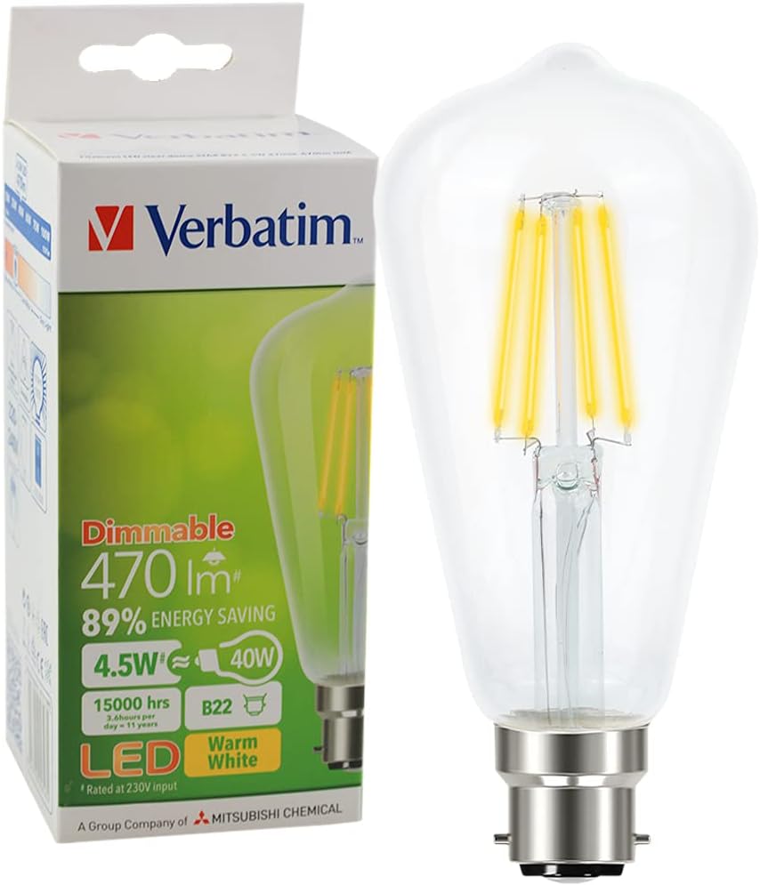 65616 VERBATIM B22 Filament St-64 Clear Pear Dim 5W 470Lm 2700K Wattage: 5W Wattage: 5W, Wattage Equivalent: 40W