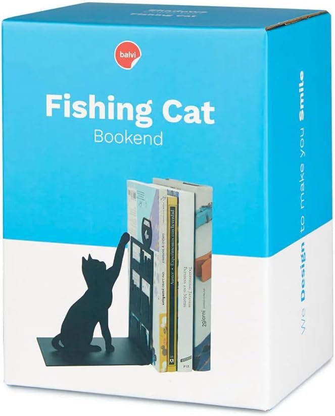 Balvi Fishing Cat Bookends Black Colour Bookends with Decorative Effect Cat Figure, and the Bibliot